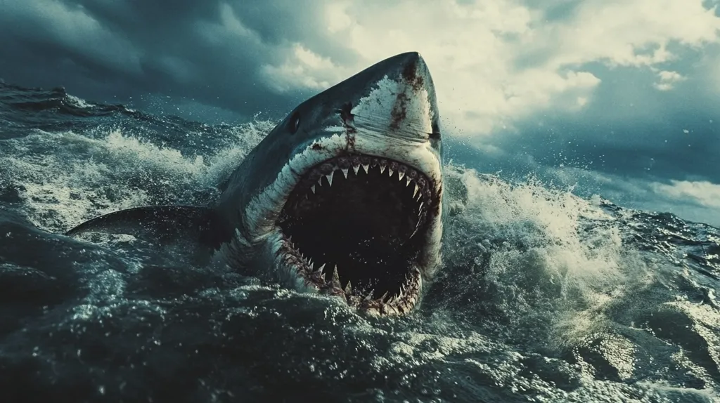 A great white shark, its massive jaws agape, rises from the churning, dark ocean.  Waves crash around it, creating a dramatic and ominous scene under a stormy sky. The shark's teeth are sharply defined, and its skin appears rough and textured. The overall image evokes a sense of power, danger, and the untamed force of nature.
