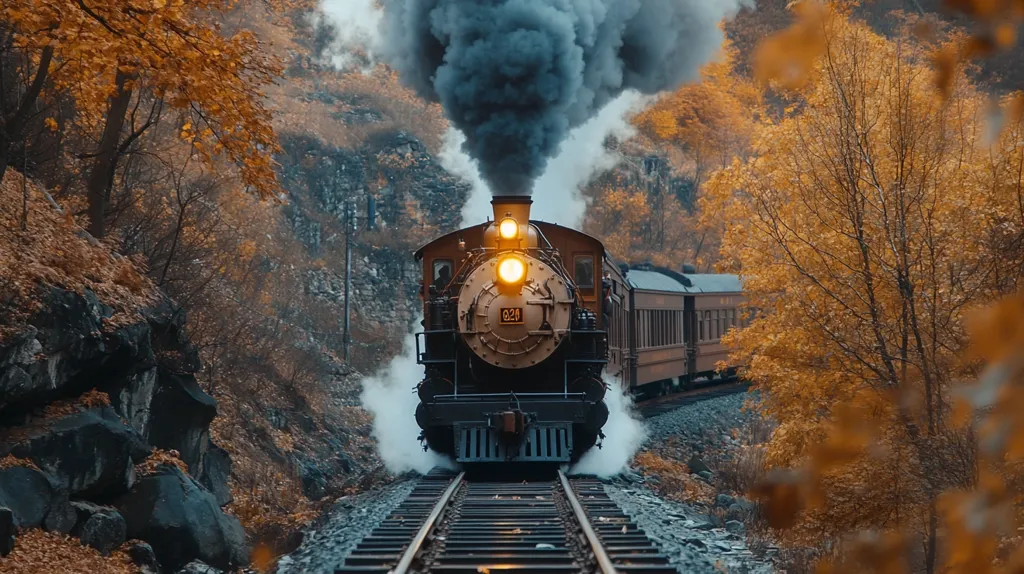 Here's a description of the image:

A vintage steam locomotive, number 924, chugs along a railway track nestled within a vibrant autumnal landscape.  Thick, dark smoke billows from its smokestack, adding to the dramatic scene.  The train is framed by trees ablaze with golden and orange leaves, creating a picturesque contrast between the industrial machine and the natural beauty of the season. The rocky terrain beside the tracks suggests a mountainous or hilly environment.  The overall mood is one of nostalgic charm and peaceful power.