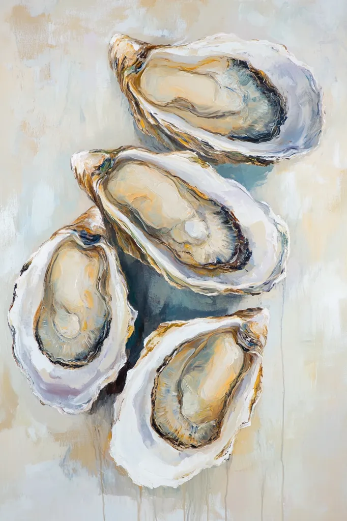 Here's a description of the image:

The painting depicts four oysters arranged vertically, cascading down the canvas. They are rendered in a loose, impressionistic style with visible brushstrokes. The color palette is muted, featuring creamy whites, beige, and subtle hints of gray and brown, giving a naturalistic yet artistic feel. The oysters themselves are the focal point, their shells detailed enough to show texture and the inner, pearly sheen.  The background is a light, textured beige, suggestive of a table or surface upon which the oysters rest. The overall impression is one of relaxed elegance and a focus on natural beauty.