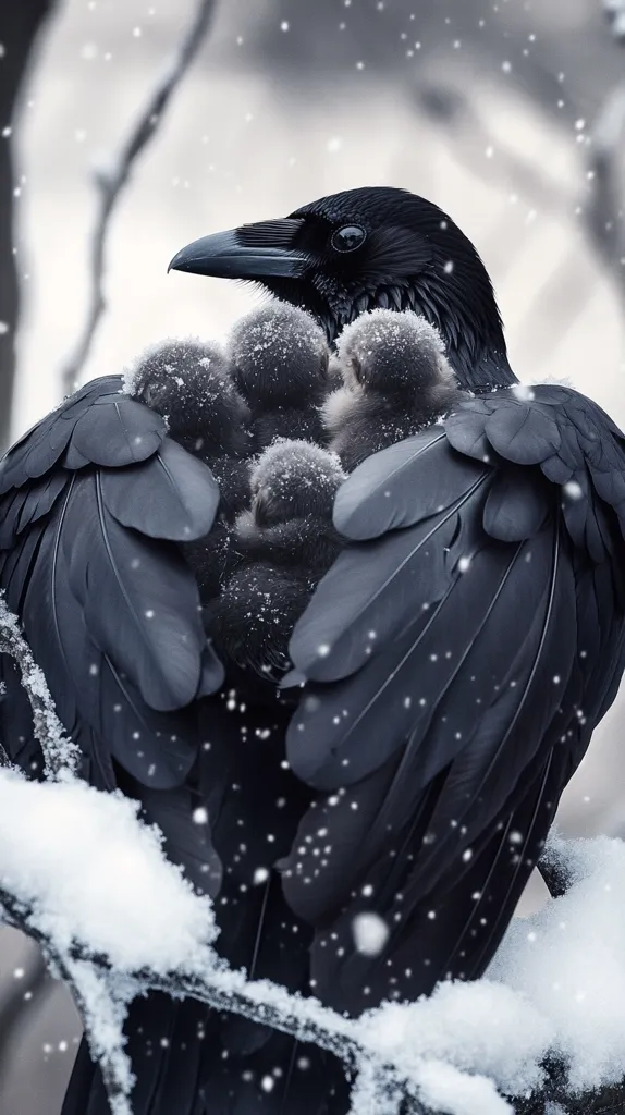 A large black raven shelters its young under its wings in a snowy winter scene.  Snowflakes fall softly around the bird, which sits perched on a snow-covered branch. The raven's dark feathers contrast sharply with the white snow, creating a dramatic visual.  The chicks are nestled securely within the warmth of their parent's body, creating a touching image of parental care in a harsh environment.