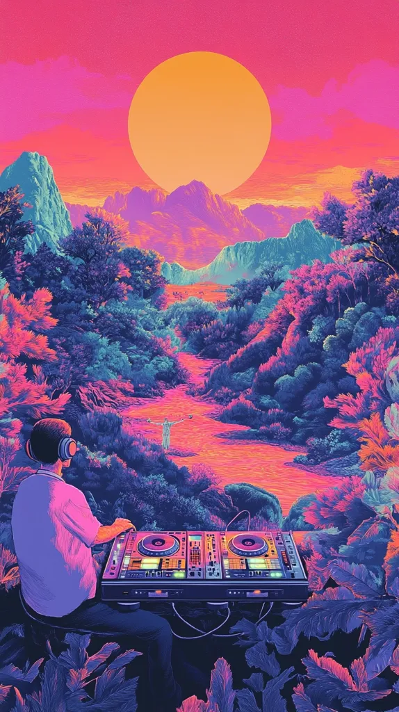 Here's a description of the image:

The artwork depicts a vibrant, surreal landscape bathed in a pink and purple sunset.  A large, orange sun dominates the sky above a valley with a winding river. Lush, stylized tropical foliage fills the valley, rendered in contrasting shades of blue and purple. A person wearing headphones sits before a DJ mixer, seemingly lost in the idyllic, otherworldly scene. The overall style is reminiscent of vaporwave or synthwave aesthetics, with a focus on bold colors and a dreamy, slightly melancholic atmosphere. The image blends natural beauty with electronic music culture.