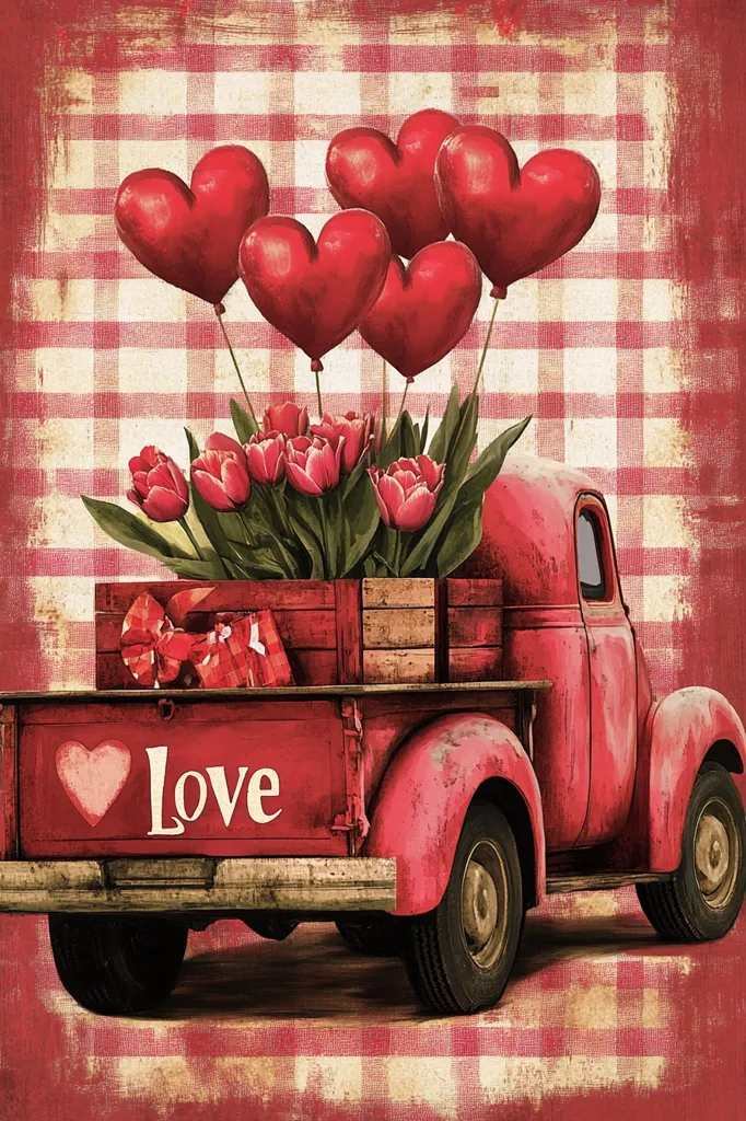 A vintage red pickup truck, adorned with the word "Love," is the centerpiece of a charming Valentine's Day image.  Heart-shaped balloons and a bouquet of red tulips fill the truck bed, which also contains wrapped gifts. The truck is set against a rustic red and white gingham backdrop, creating a vintage, romantic aesthetic.  The overall feel is nostalgic and sweet, perfect for a Valentine's Day card or decoration.