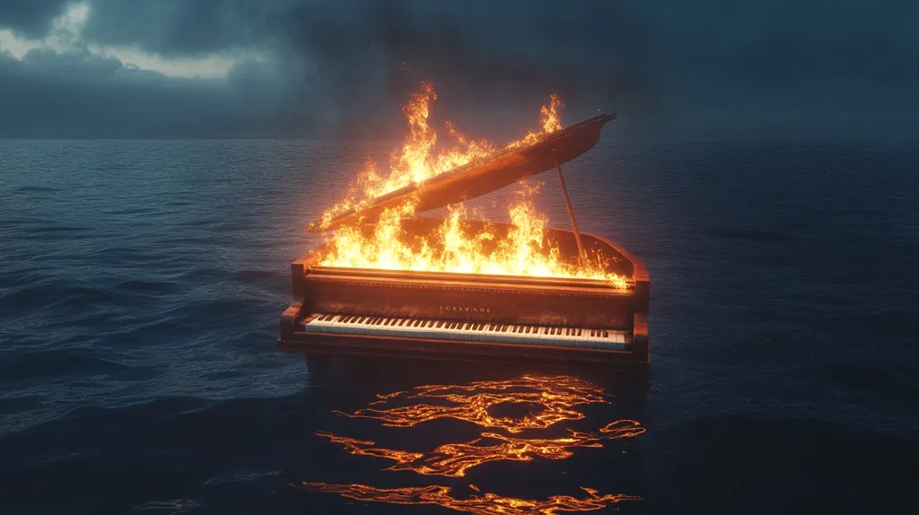 A grand piano, engulfed in flames, floats on a dark, still body of water under a stormy sky.  The fire is intense, illuminating the instrument's wooden frame and keys. The scene is dramatic and evocative, suggesting themes of loss, destruction, or the end of an era. The reflection of the burning piano ripples on the water's surface, adding to the image's melancholic atmosphere.  The overall mood is one of somber beauty and impending doom.