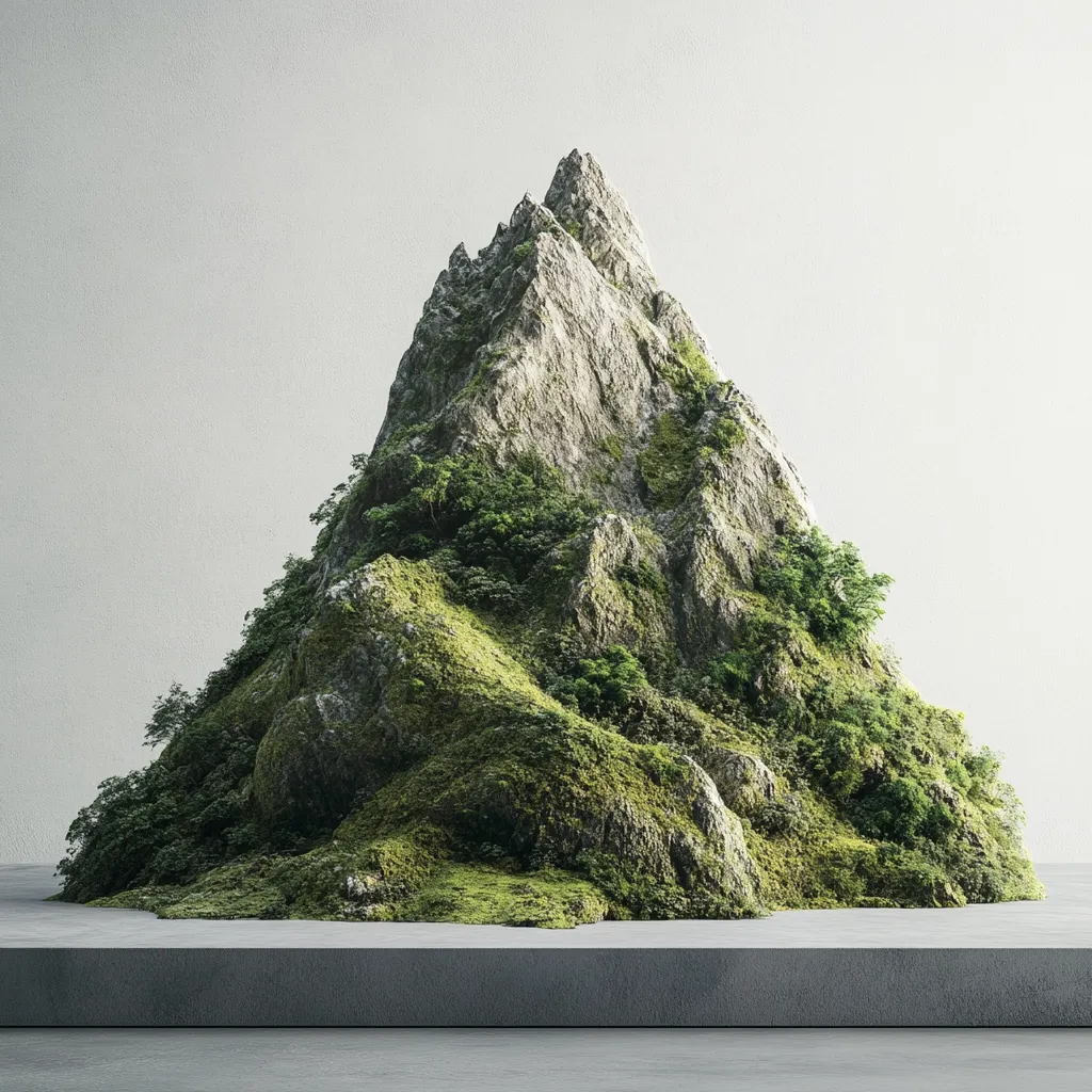 A meticulously detailed miniature mountain, rendered in 3D, sits on a gray platform against a muted gray background.  The mountain is realistically textured, showing gray rock formations densely covered with moss and small, lush green vegetation. The peak is sharp and craggy, creating a striking contrast with the softer, mossy slopes. The overall image has a serene and minimalist aesthetic.