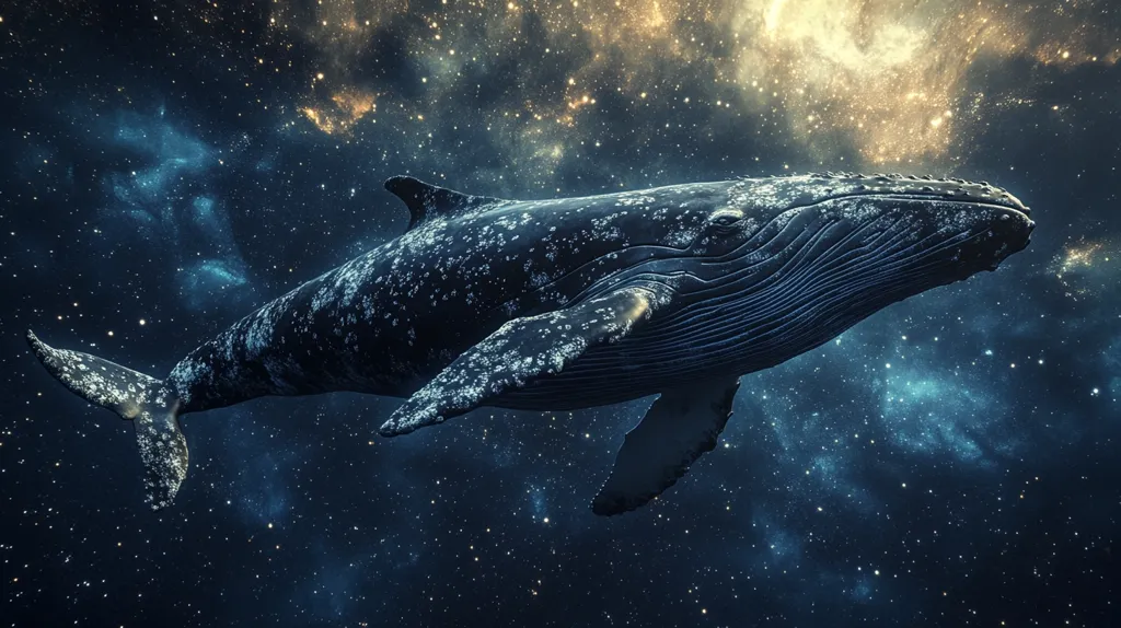 A humpback whale, rendered with remarkable detail, swims through a cosmic expanse.  Its dark, mottled skin contrasts with the vibrant nebulae and scattered stars of the background.  The whale's size and posture convey a sense of peaceful majesty amidst the vastness of space. The image blends the familiar form of a marine creature with the awe-inspiring scale of the universe, creating a surreal and captivating scene.