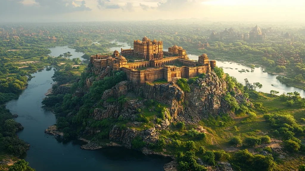 Here's a description of the image:

An aerial shot reveals a majestic, golden-hued fortress perched atop a verdant, rocky hill.  The castle, complex and sprawling, boasts intricate architecture. It's surrounded by lush green vegetation and overlooks a tranquil river winding through a sprawling landscape dotted with smaller structures, suggesting a vast city or historical site in the distance. The soft, golden light of either dawn or dusk casts a warm glow over the scene, creating a picturesque and almost ethereal atmosphere. The overall impression is one of ancient grandeur and serene beauty.