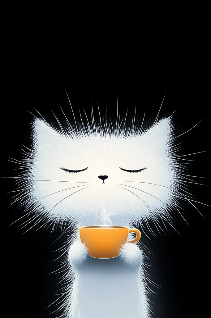 Here's a description of the image:

Against a stark black background, a fluffy white cat sits serenely, its eyes closed in peaceful contentment.  The cat's fur is depicted with long, spiky strands, giving it a whimsical, almost ethereal appearance.  Its paws gently cradle a small, golden-orange mug from which a wisp of steam rises, suggesting a warm beverage, perhaps coffee or tea. The overall mood is calm, cute, and slightly surreal.