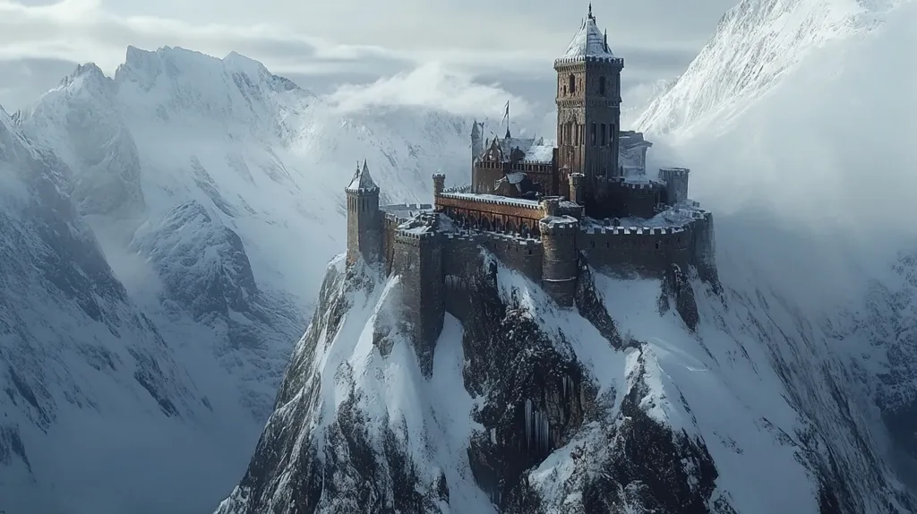 Here's a description of the image:

A majestic, imposing castle perches precariously atop a snow-covered mountain peak.  The castle, seemingly medieval in design with stone walls and multiple towers, is partially shrouded in mist.  The surrounding mountains are jagged and heavily snow-laden, creating a dramatic, wintry landscape. The scene evokes a feeling of isolation and grandeur, suggesting a location of both beauty and formidable strength.  The light suggests a cold, possibly overcast day.