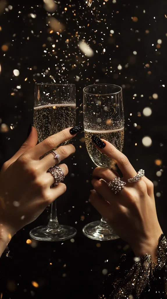 Two hands, adorned with sparkling rings and dark nail polish, clink champagne flutes filled with bubbly.  Golden confetti rains down around them against a stark black background. The image evokes a sense of celebration and luxury, capturing a moment of festive joy and sophistication. The focus is sharp on the hands and glasses, with the background softly blurred to emphasize the celebratory toast.