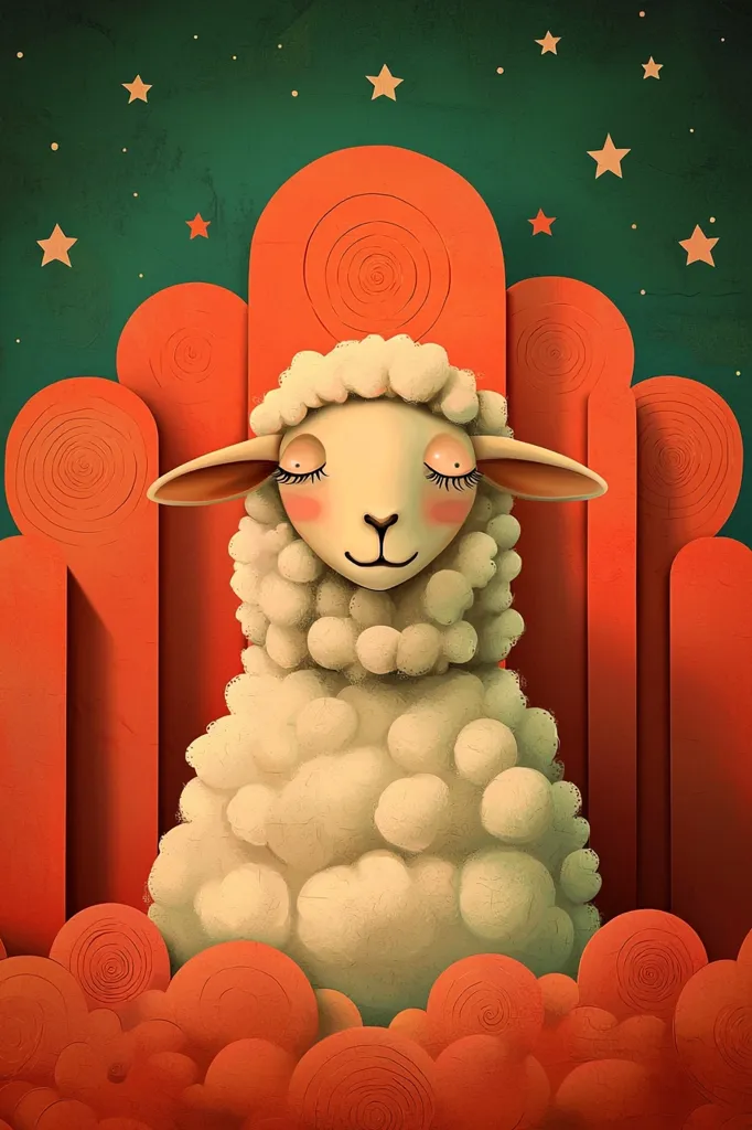 A stylized illustration depicts a fluffy, cream-colored sheep with closed eyes, nestled amidst swirling, terracotta-colored clouds against a dark teal backdrop sprinkled with gold stars. The sheep appears serene and peaceful, its soft texture contrasting with the sharper lines of the cloud formations. The color palette evokes a calming, dreamlike atmosphere, suggesting a peaceful night scene or a whimsical representation of sleep.  The overall style is reminiscent of children's book illustration.