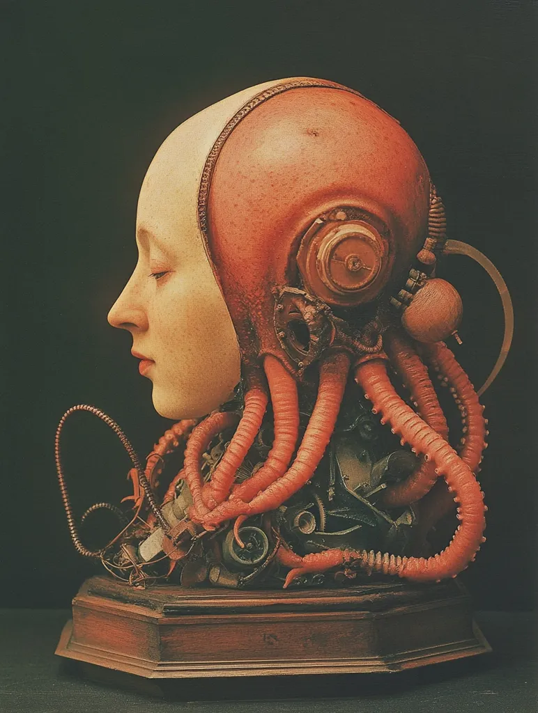 Here is a description of the image:

The image shows a striking sculpture, seemingly a bust of a woman's head seamlessly integrated with bio-mechanical elements. The woman's head is pale and serene, in profile, while the back and neck are replaced by a complex arrangement of reddish-orange, tentacle-like appendages emerging from a base of intricate gears and mechanical parts.  The overall color palette is dark and muted, enhancing the piece's surreal and slightly unsettling quality. The sculpture sits on a dark, octagonal wooden base. The style is reminiscent of biopunk or steampunk art.