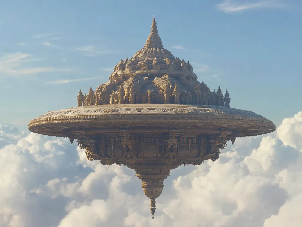A digitally created image depicts a fantastical, flying city.  Resembling an immense, ornate disc, it floats amidst fluffy white clouds under a bright blue sky.  The city's architecture is intricate and detailed, suggesting a blend of ancient and futuristic styles, with numerous spires and structures adorning its upper surface. The overall aesthetic is one of serene majesty and otherworldly beauty.