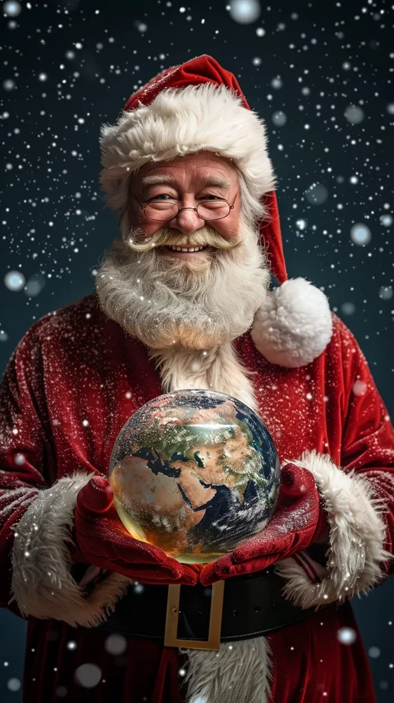 A jolly Santa Claus, adorned in a traditional red suit dusted with snow, beams warmly. He holds a globe representing Earth in his gloved hands, showcasing a caring and inclusive spirit.  The backdrop is a dark blue, filled with falling snowflakes, enhancing the festive Christmas atmosphere.  His white beard and mustache add to his cheerful and welcoming appearance. The image suggests a global Christmas message of peace and goodwill.