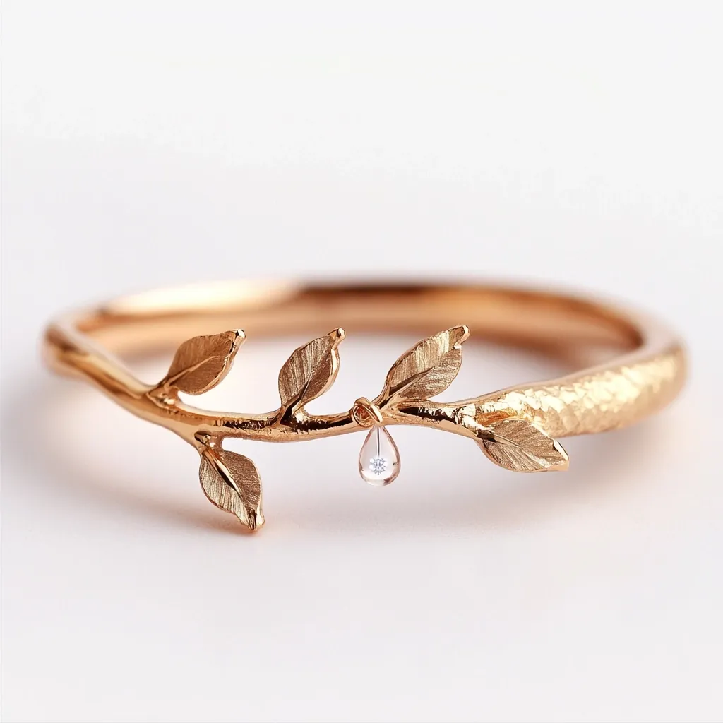 This delicate gold ring features a nature-inspired design.  A slender, textured band forms a branch adorned with three sculpted leaves on either side.  A small, pear-shaped diamond hangs from the center, resembling a dewdrop. The overall aesthetic is elegant and minimalist, suggesting themes of growth and natural beauty.