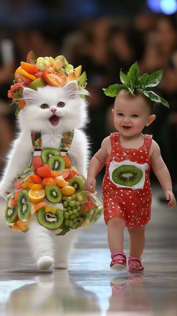 A fluffy white cat, adorned in a vibrant fruit-themed dress and headpiece, struts down a runway alongside a smiling baby.  The baby, wearing a red, polka-dotted romper with a kiwi design, complements the cat's outfit. Both appear to be participants in a playful, fruit-themed fashion show, showcasing adorable costumes against a blurred background of onlookers. The scene is bright, cheerful, and captures a whimsical moment.