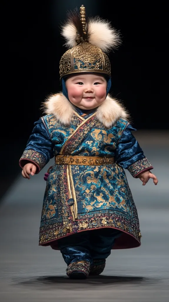 A chubby baby, possibly of Asian descent, confidently strides down a runway.  Adorned in an elaborate, ornate costume reminiscent of traditional Asian royalty, complete with a gold helmet featuring a fluffy plume, fur-trimmed collar, and richly embroidered blue and gold robes, the infant exudes charm and poise.  The child's rosy cheeks and contented expression add to the image's captivating appeal. The dark background emphasizes the intricate detail of the baby's clothing.