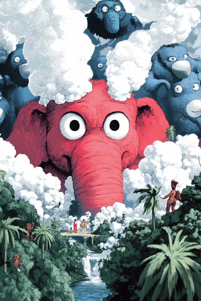A whimsical illustration depicts a colossal, rosy-red elephant, its large eyes wide with surprise, partially obscured by fluffy white clouds.  Smaller, blue, almost bird-like creatures surround the elephant's head.  Below, a lush, tropical landscape unfolds, featuring a waterfall, palm trees, and tiny human figures on a small bridge, seemingly dwarfed by the elephant's immense size. The overall style is imaginative and slightly surreal.