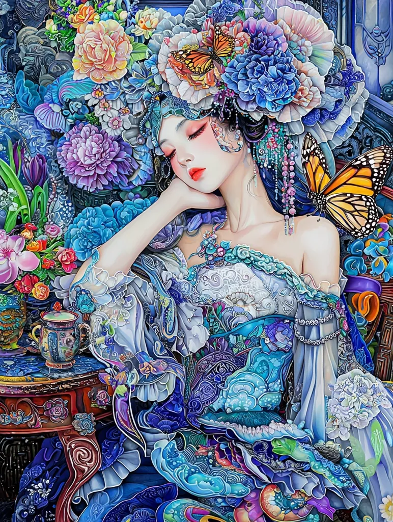 Here's a description of the image:

The artwork depicts a serene young woman, adorned in an elaborate, flowing gown of blues and purples, richly detailed with floral patterns.  She is crowned with a magnificent headdress of vibrant flowers and butterflies, her eyes closed in peaceful slumber. Two large butterflies, one orange and one with orange and black markings, add to the fantasy element.  She rests on an ornate chair or throne, near a small table with a delicate teacup.  The overall style is highly detailed and reminiscent of fantasy art with influences from East Asian aesthetics. The color palette is predominantly cool, with accents of warmer tones in the floral arrangements.