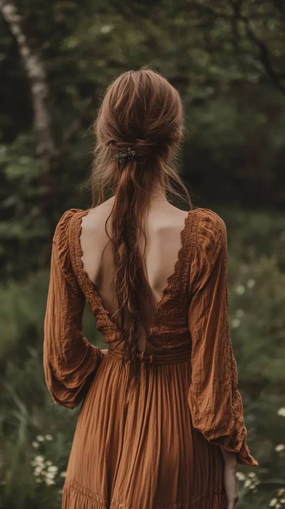Here's a description of the image:

The photograph shows a woman from behind, standing outdoors in a lush green setting.  She wears a long, rust-colored maxi dress with a low, open back, adorned with delicate lace detailing at the neckline. Her long, auburn hair is styled in a loose, flowing ponytail, with a small, dark hair accessory. The dress drapes elegantly, and the overall aesthetic is romantic and bohemian. The background is softly blurred, focusing attention on the woman and her attire. The image evokes a feeling of serenity and natural beauty.