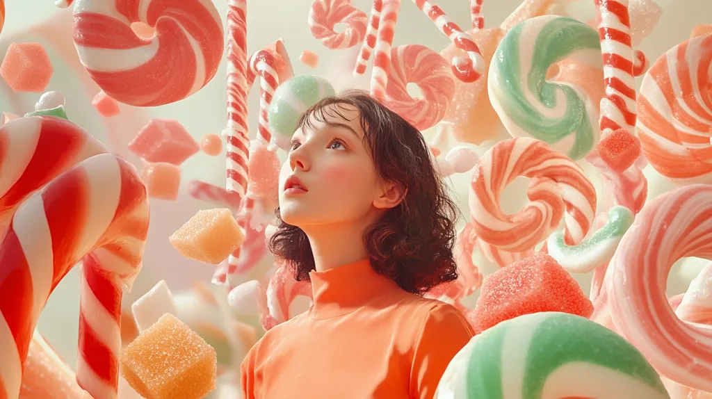 A young woman with short, dark brown hair looks upward, surrounded by a whimsical array of swirling lollipops, candy canes, and sugar cubes in shades of pink, red, and green.  The candies appear to float around her, creating a surreal, almost dreamlike atmosphere.  The woman is wearing a vibrant orange turtleneck sweater, contrasting with the pastel candy colors. The overall image is brightly lit and evokes a sense of sweetness and fantasy.