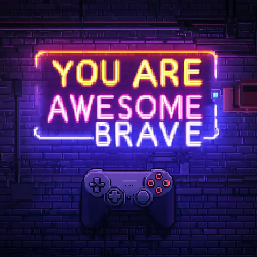 Here's a description of the image:

The image is a pixel art depiction of a brick wall at night, adorned with a vibrant neon sign that reads "YOU ARE AWESOME BRAVE."  The words are in a pixelated style, with "YOU ARE" in yellow and "AWESOME BRAVE" in pink.  Beneath the sign, a dark gray video game controller hangs on the wall, adding to the retro gaming aesthetic.  The overall color palette is dark purple and blue, contrasting with the bright neon colors of the sign.  The style is reminiscent of 8-bit or 16-bit video games.