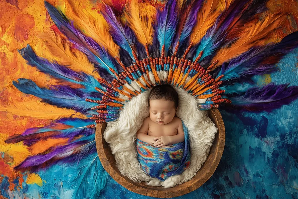 Here's a description of the image:

A newborn baby sleeps soundly nestled in a wooden bowl lined with fluffy white material. The baby is swaddled in a vibrant blue and orange patterned wrap.  Above the baby, a large, handcrafted headdress made of bright orange, purple, and teal feathers, accented with colorful beads, creates a striking halo.  The backdrop is a textured, abstract painting in complementary shades of orange and blue, enhancing the overall artistic effect of the photograph. The image evokes a sense of warmth, serenity, and cultural richness.