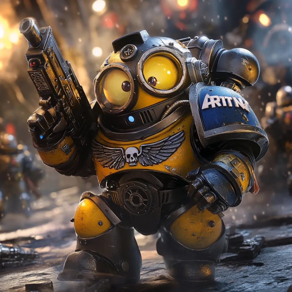 Here's a description of the image:

A digital rendering showcases a chibi-style Space Marine, a miniature warrior from the Warhammer 40,000 universe.  The figure, predominantly yellow and black with blue shoulder pauldrons marked "ARITN," possesses oversized, expressive eyes reminiscent of a minion. It's crouched, wielding a stub pistol, amidst a blurry battlefield background suggesting combat.  The miniature's design cleverly blends the iconic Space Marine armor with a cute, cartoonish aesthetic, creating a striking contrast.  The image is richly detailed, emphasizing both the texture of the armor and the character's playful features.