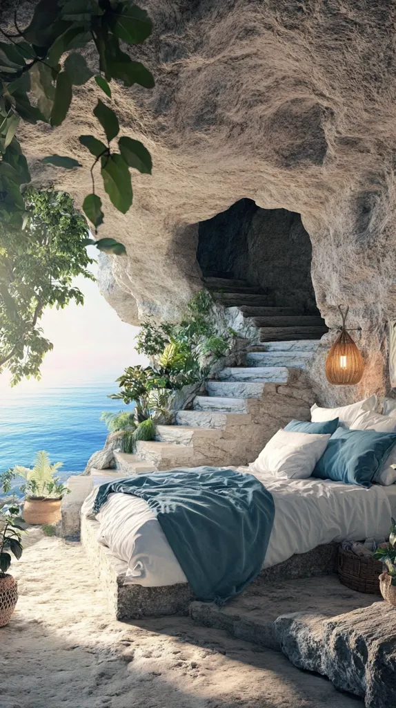 Here's a description of the image:

The image showcases a serene bedroom nestled within a natural rock cave overlooking a calm ocean.  A bed with white linens and a teal throw is positioned near the cave's opening, bathed in soft sunlight.  Stone stairs lead up and into the deeper recesses of the cave. Lush greenery, potted plants, and a hanging light fixture add to the tranquil ambiance.  The overall feel is one of secluded luxury and connection with nature. The scene appears digitally rendered or enhanced.