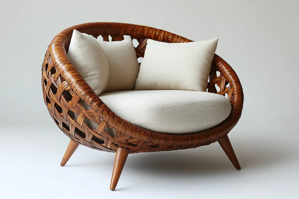 Here's a description of the image:

The photograph showcases a unique, circular armchair crafted from intricately woven, dark brown rattan.  The chair's frame is a visually striking, open-weave design, showcasing the craftsmanship.  It's cushioned with off-white, linen-like fabric, including two similarly colored back pillows.  The chair rests on four short, dark brown wooden legs, adding to its mid-century modern aesthetic. The overall impression is one of handcrafted elegance and comfort.