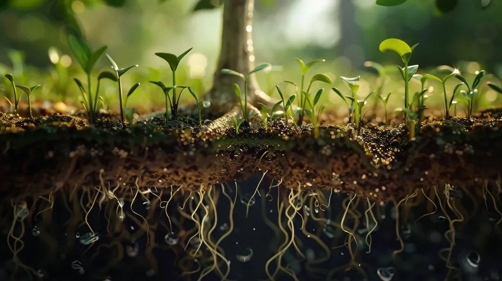 Here's a description of the image:

The image is a close-up, digitally enhanced view of a cross-section of soil revealing plant roots.  Numerous young seedlings sprout from rich dark soil, their vibrant green leaves contrasting against the earthy tones.  A larger plant's base and extensive root system are centrally positioned, extending downwards into a moist, dark subterranean layer. Water droplets are visible descending through the soil, illustrating the hydration process. The overall effect is one of natural growth and the hidden life below the surface.