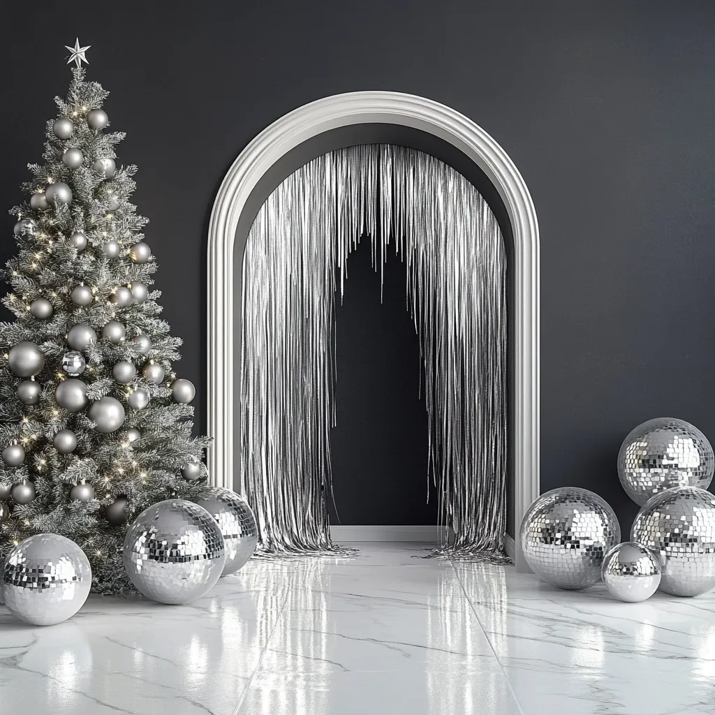 A silver and white Christmas scene is depicted. A decorated Christmas tree stands to the left, adorned with silver ornaments and warm white lights. To the right, several disco balls of varying sizes are scattered on a gleaming white marble floor.  Between them, a white arched doorway is decorated with a shimmering silver curtain, leading to a dark room beyond. The overall aesthetic is chic and modern.