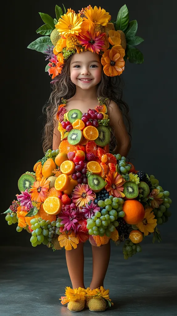 A young girl beams, adorned in a whimsical fruit and flower costume.  Her dress is a vibrant cascade of oranges, kiwi, grapes, and other fruits interspersed with colorful blooms.  A matching floral crown encircles her dark curls. The girl's joyful expression and the bright, fresh colors of her outfit create a cheerful and enchanting image. She wears small, flower-decorated shoes, completing the fruit-themed ensemble. The dark background highlights the costume's vividness.