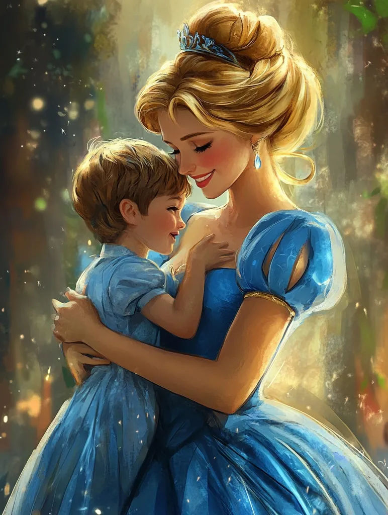 A beautiful digital painting depicts a princess, reminiscent of Cinderella, in a flowing blue gown.  She holds a young child, a toddler with brown hair, close in a tender embrace.  The princess wears a tiara and earrings, her expression soft and loving.  The scene is bathed in warm, golden light, suggesting a magical, fairytale atmosphere.  Dust motes or sparkles add to the ethereal quality of the image. The overall impression is one of maternal affection and gentle grace.