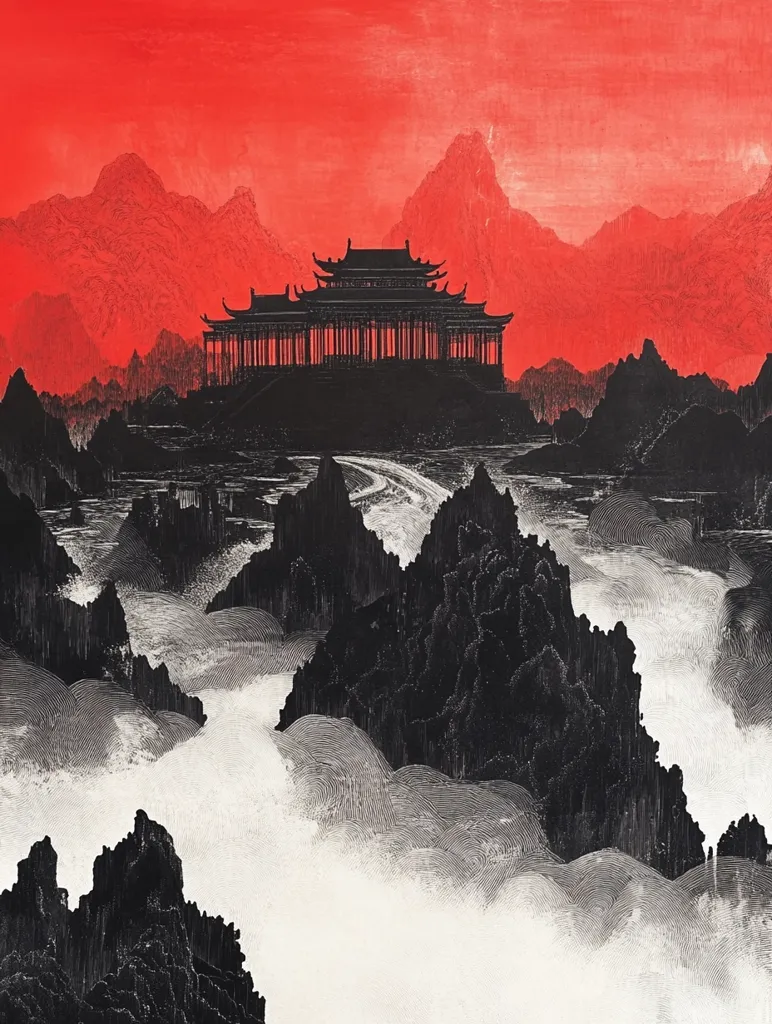 A dramatic landscape unfolds in stark black and white against a fiery red sky.  A large, dark pavilion-style building stands prominently on a small island, surrounded by jagged, ink-like mountain peaks rising from a sea of swirling, textured clouds. The contrast between the intense red sky and the black and white foreground creates a powerful and evocative image, suggestive of a mystical or otherworldly setting.  The style hints at traditional East Asian landscape painting.