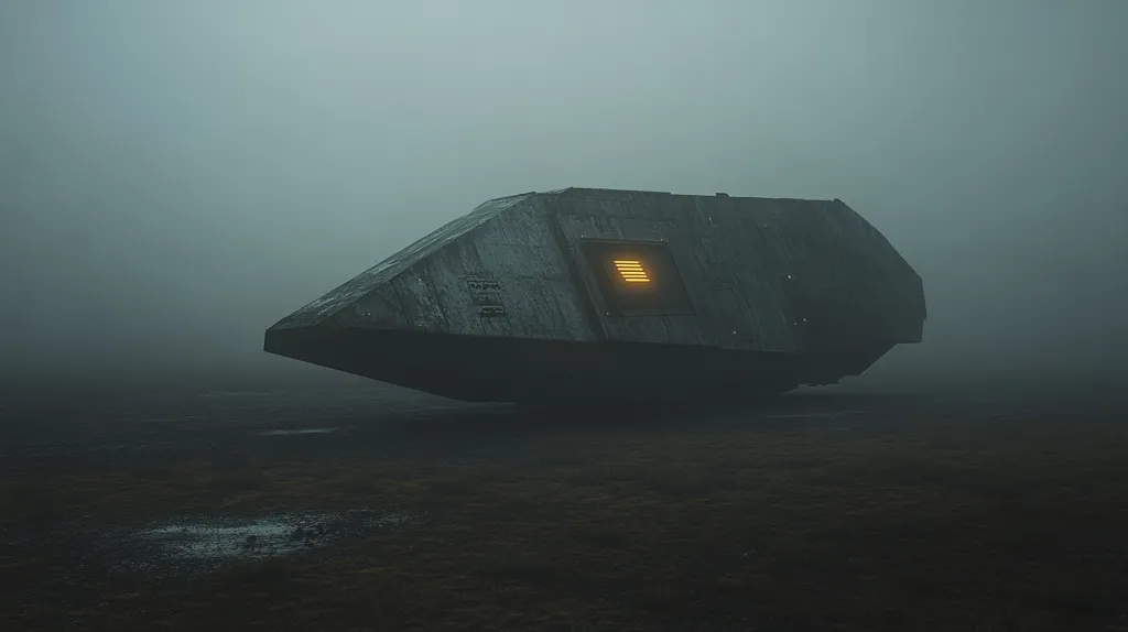 A dark, triangular spacecraft sits on a desolate, foggy plain.  Its metallic surface appears weathered, and a small, glowing rectangular window is visible near the center.  The dense fog obscures the background, adding to the mysterious and isolated atmosphere. The overall mood is one of somber sci-fi intrigue, hinting at a lonely, perhaps abandoned, vessel.
