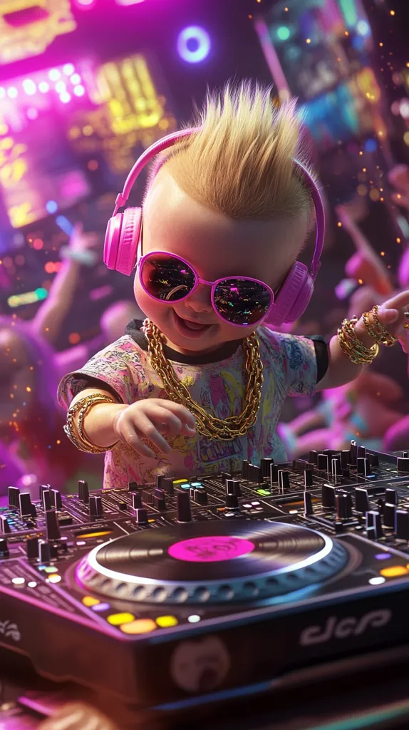 A digitally rendered image shows a baby with a mohawk, wearing pink headphones, sunglasses, and gold chains, expertly mixing music on a DJ turntable.  The baby's face is joyful, and the background is a vibrant, blurry nightclub scene filled with purple and pink lights.  The overall aesthetic is playful and vibrant, contrasting the serious act of DJing with the baby's innocent appearance. The image is highly stylized and saturated with color.