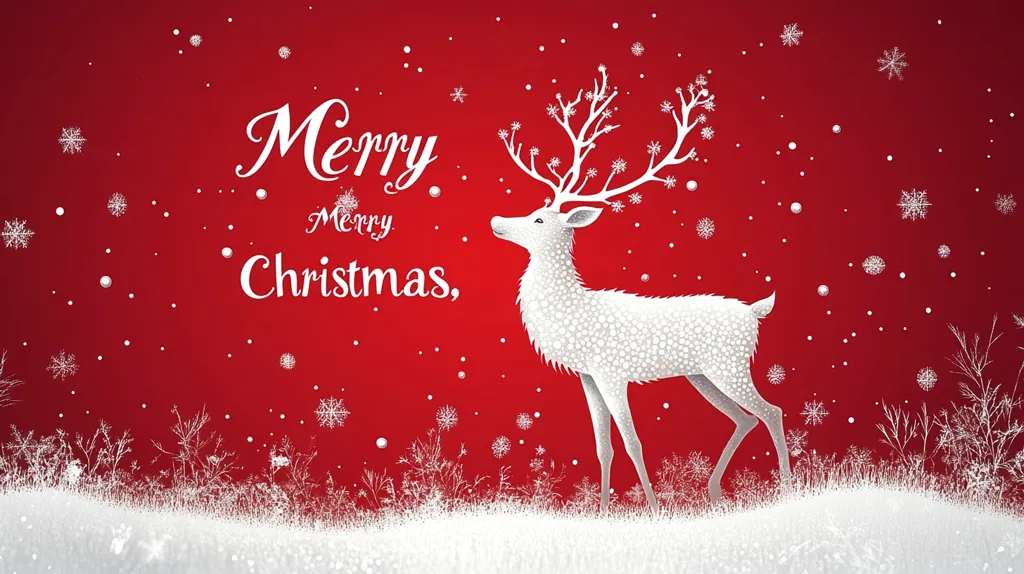 A festive Christmas greeting card features a stylized white reindeer on a red background.  The reindeer, adorned with snowflake-like details on its antlers and body, stands in a snowy landscape.  Delicate white snowflakes and frosted plants are scattered across the scene. The greeting "Merry Merry Christmas" is elegantly scripted in white.  The overall aesthetic is minimalist and elegant.