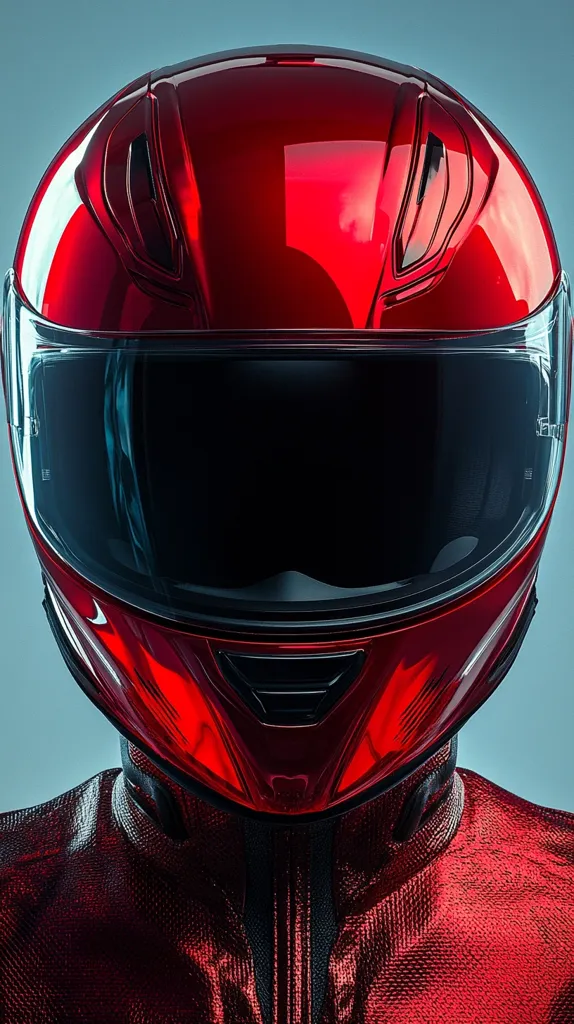 Close-up view of a person wearing a vibrant red full-face motorcycle helmet and matching racing suit. The helmet is highly polished, reflecting light intensely, and features a dark visor. The suit's textured fabric is also a deep red, creating a unified, sleek aesthetic. The image is sharply focused, highlighting the glossy finish of both the helmet and the suit. The background is a muted blue, drawing attention to the bold red attire.  The overall impression is one of speed, precision, and high-performance motorsport.