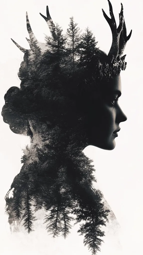 A striking monochrome double exposure image portrays a woman's profile superimposed onto a forest scene.  Her head is adorned with antlers, creating a mystical, nature-spirit aesthetic. The dark, silhouetted figure blends seamlessly with the shadowy conifers, suggesting a deep connection between the woman and the natural world.  The overall effect is both haunting and beautiful, evoking a sense of mystery and ethereal power.