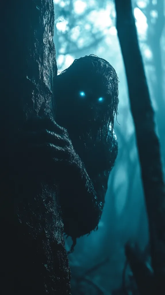 Here's a description of the image:

The image depicts a terrifying, monstrous figure lurking in a dark, misty forest.  The creature appears to be humanoid but covered in dark, mud-like substance, giving it a decaying or grotesque appearance. Its eyes glow an eerie blue, contrasting sharply with the shadowy surroundings.  The monster is partially hidden behind a tree trunk, adding to the sense of suspense and unease. The overall color palette is a cool, muted blue-green, enhancing the chilling atmosphere.  The scene suggests a horror or fantasy setting.