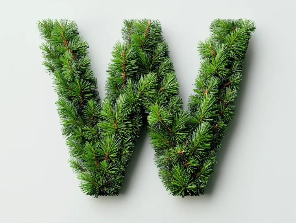 Here's a description of the image:

The image shows a capital letter "W" formed entirely from lush, green pine branches. The pine sprigs are densely packed, creating a full and textured appearance of the letter.  The background is a simple, light gray, which provides a neutral backdrop that allows the vibrant green of the pine to stand out. The overall effect is clean, simple, and evocative of the holiday season.