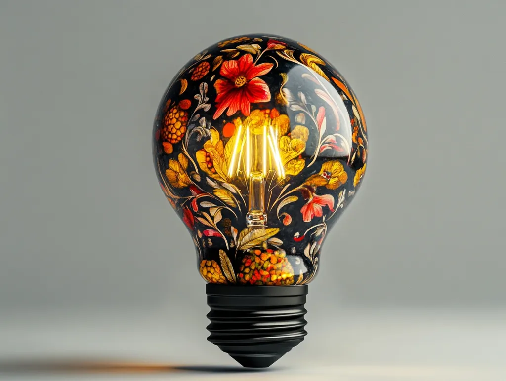 A lightbulb, artistically designed with a dark background and vibrant floral patterns covering its surface, stands against a neutral grey backdrop.  The incandescent filament glows warmly within, illuminating the intricate painted details. The bulb's design blends a traditional Edison-style base with a modern, artistic touch, suggesting creativity and illumination.  The overall aesthetic is both elegant and striking.