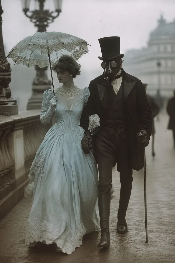 A man and woman stroll along a rain-slicked Parisian street. She is elegantly dressed in a flowing light blue gown, holding a lace parasol. He wears a dark suit, top hat, and, strikingly, a gas mask.  The scene blends Victorian attire with a post-apocalyptic or dystopian element, creating a visually arresting contrast.  The background suggests a grand European city. The overall mood is somber yet strangely romantic.