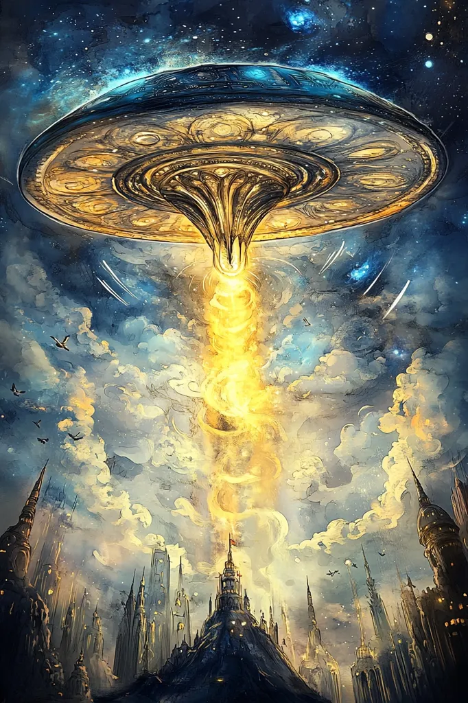 A majestic, ornately designed flying saucer descends from a star-filled sky, a radiant beam of golden light emanating from its base.  Below, a fantastical city, perched atop a dark hill, is bathed in the ethereal glow.  The artwork blends science fiction and fantasy, depicting a scene of otherworldly arrival and possible divine intervention or technological advancement.  The clouds are swirling, and small flying objects streak across the vast sky.  The overall style is painterly, with a blend of vibrant colors and dramatic lighting.