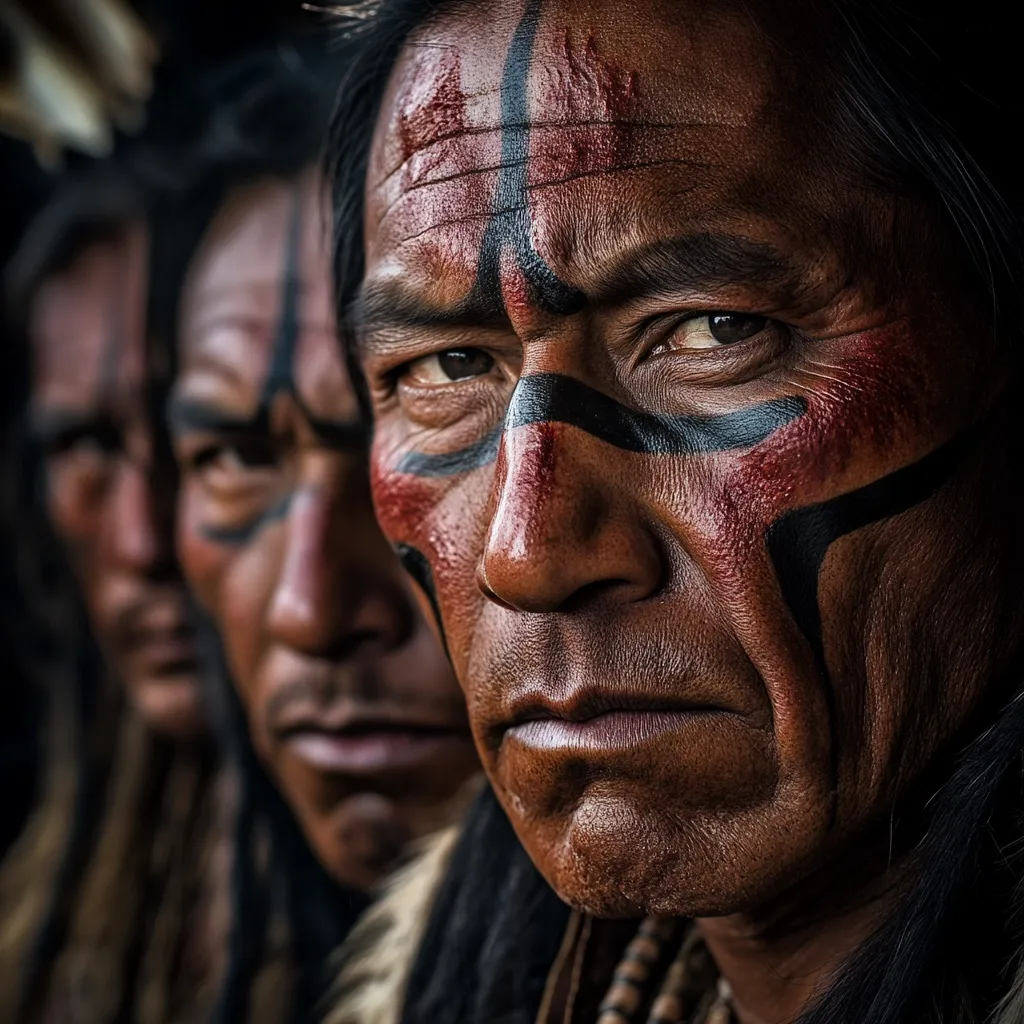 Here's a description of the image:

The close-up photograph features three Indigenous men, their faces prominently displayed. The man in the foreground is sharply in focus, his weathered face adorned with intricate red and black war paint. His gaze is intense and direct, conveying a sense of strength and resilience.  Behind him, two other men are partially visible, their faces also bearing similar war paint, creating a sense of unity and shared heritage.  The dark background and subdued lighting accentuate the men's features and the details of their traditional attire, suggesting a portrait of cultural pride and tradition.
