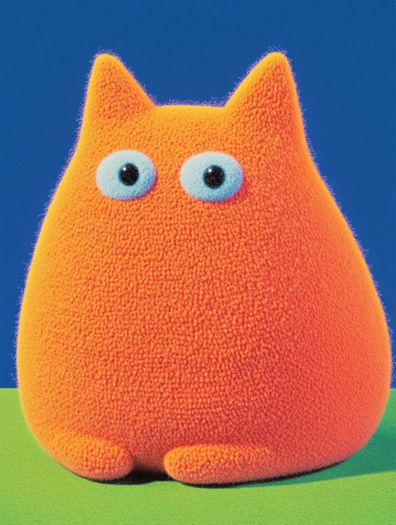 Here's a description of the image:

The image shows a digitally rendered, plush-like orange cat sitting on a green surface against a deep blue background.  The cat is round and fluffy, with large, simple blue eyes that lack pupils. Its features are minimally detailed, focusing on its soft, textured fur. The overall style is cartoonish and playful, suggesting a friendly and slightly goofy character.  The contrast between the bright orange cat, the green surface, and the blue background is striking and visually appealing.