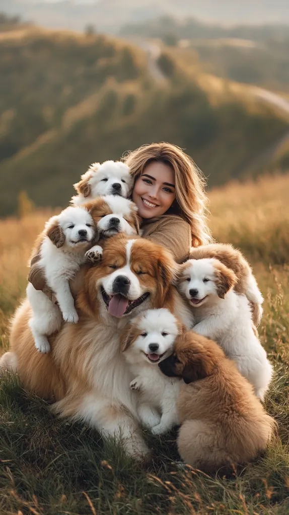 A young woman sits in a grassy field, surrounded by a heartwarming pile of adorable puppies.  A large, fluffy, reddish-brown dog is at the center, nestled amongst several smaller, mostly white puppies. The woman smiles radiantly, her blonde hair cascading around her shoulders as she embraces the canine cuddle puddle. The picturesque background features rolling hills bathed in the soft light of either dawn or dusk. The overall scene is one of pure joy and affection between the woman and her furry companions.