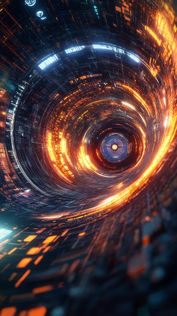 The image is a digital artwork depicting a swirling, futuristic tunnel.  Intricate, glowing orange and blue lines form concentric circles, creating a sense of depth and movement. The tunnel's interior suggests complex circuitry or data streams, radiating intense light. The overall effect is one of technological wonder and possibly hyper-speed travel through a digital space.  The colors are vibrant and contrasting, with a dark background emphasizing the luminous pathways.