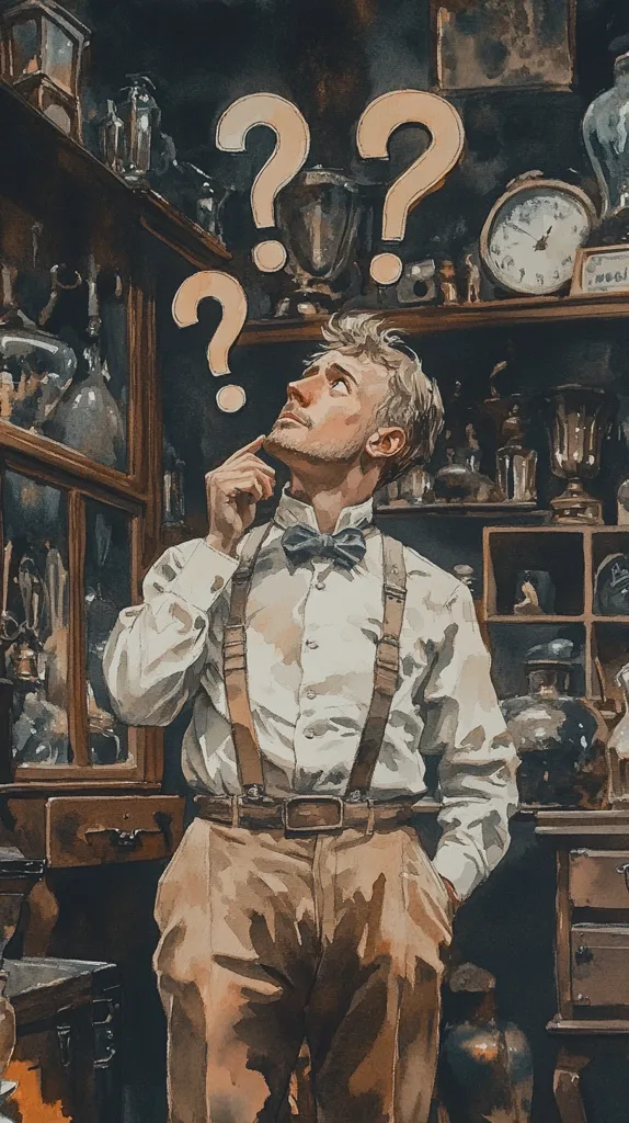 A watercolor painting depicts a young man in a cream-colored shirt, bow tie, and brown trousers, standing amidst a cluttered antique shop.  He's thoughtfully touching his chin, looking upward.  Several large question marks hover above his head, suggesting contemplation or uncertainty. The shop is filled with glassware, clocks, and various curiosities on shelves, creating a vintage, mysterious atmosphere. The overall style is painterly and slightly melancholic.