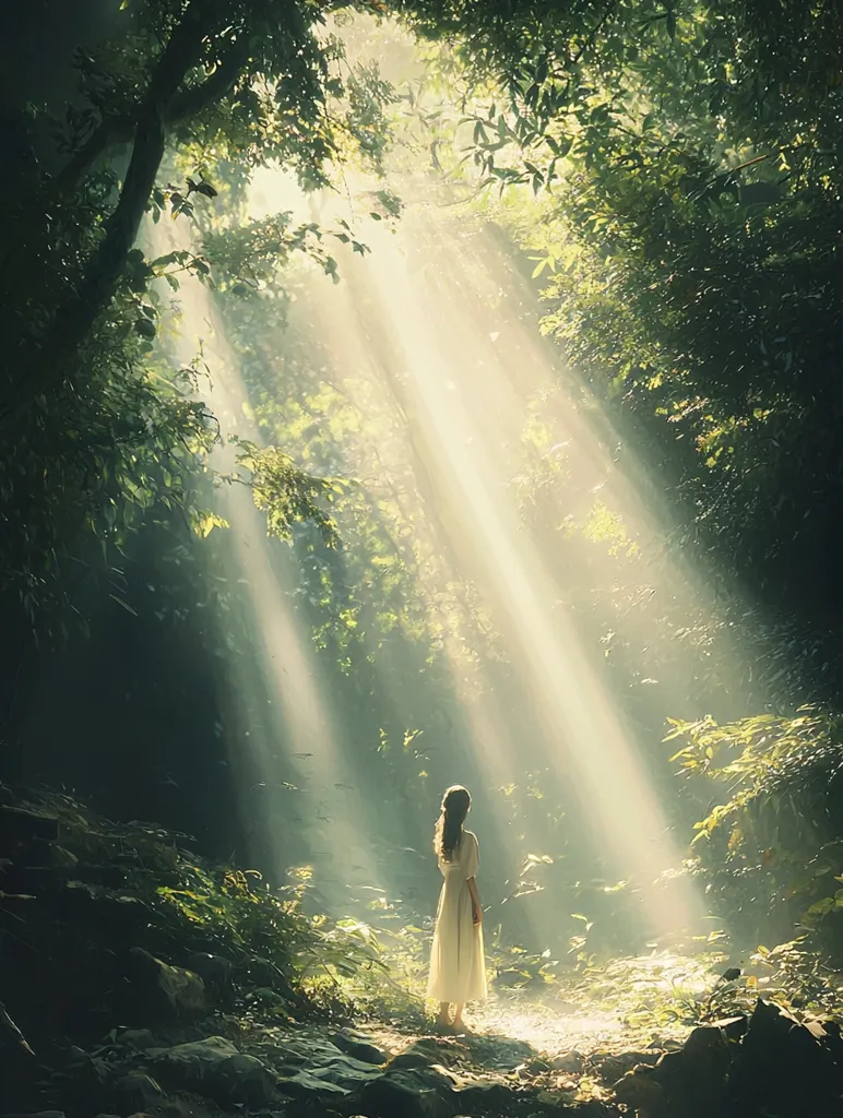 Sunlight streams through a dense, verdant forest, illuminating a young woman in a flowing white dress. She stands on a rocky path, her back to the viewer, seemingly lost in contemplation. The ethereal light creates a mystical atmosphere, casting long shadows and highlighting the lush greenery. The scene evokes a sense of peace and wonder, suggesting a journey or a moment of quiet reflection in nature's embrace.